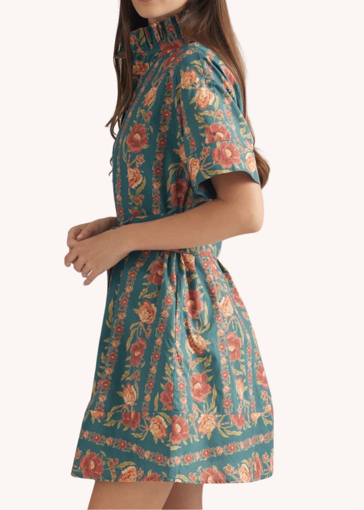Macy Belted Cotton Mini Dress in Teal