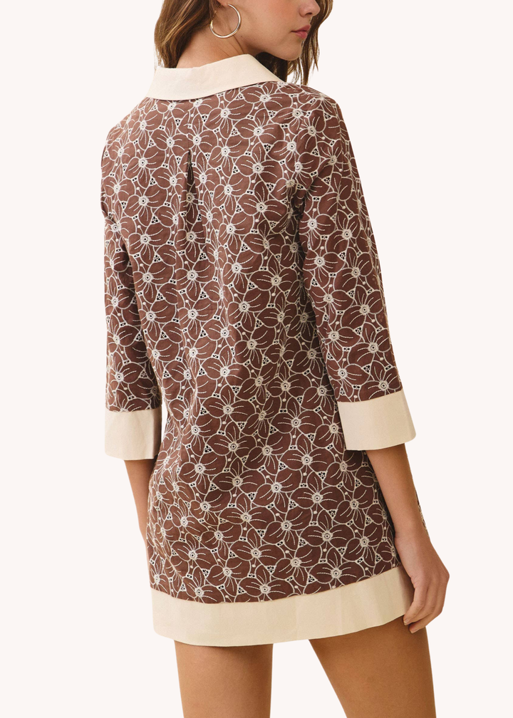 Floral Print Contrast Collar And Hem Tunic Dress