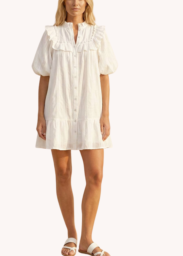 Ruffle Shoulder Cotton Mini Dress