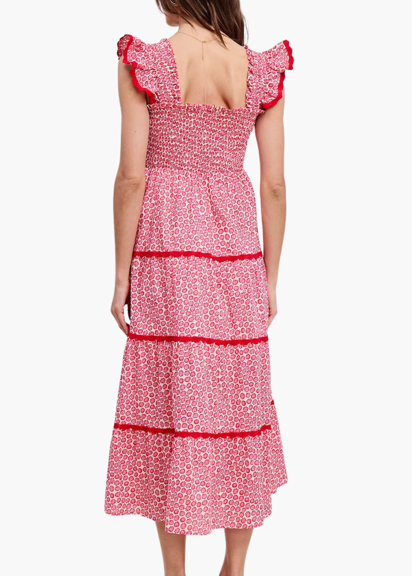 Scarlet Smocked Midi Dress in Pink