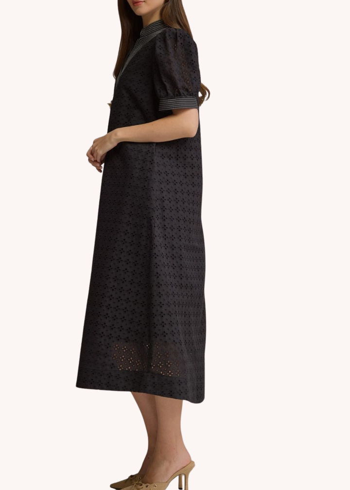 Kirsten Eyelet Midi Dress in Black