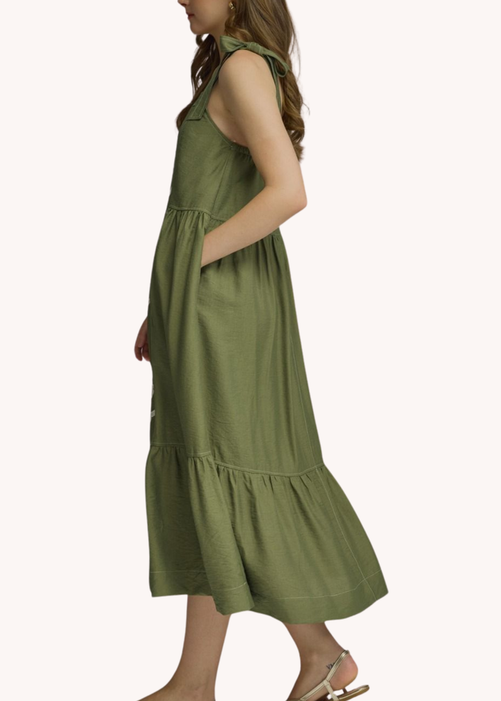 Casie Blockprint Appliqué Dress in Olive