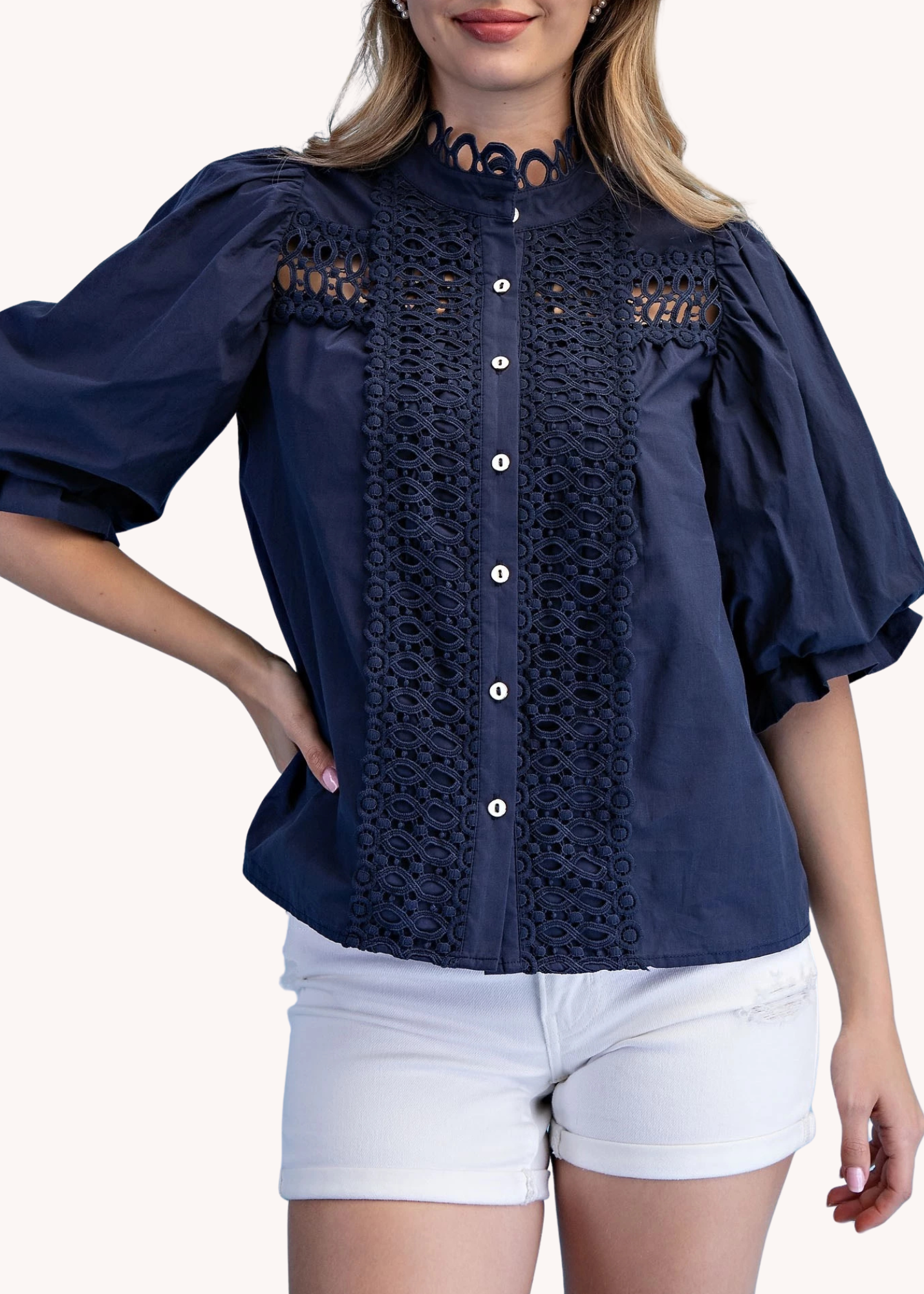 Marlena Puff Sleeve Top in Navy