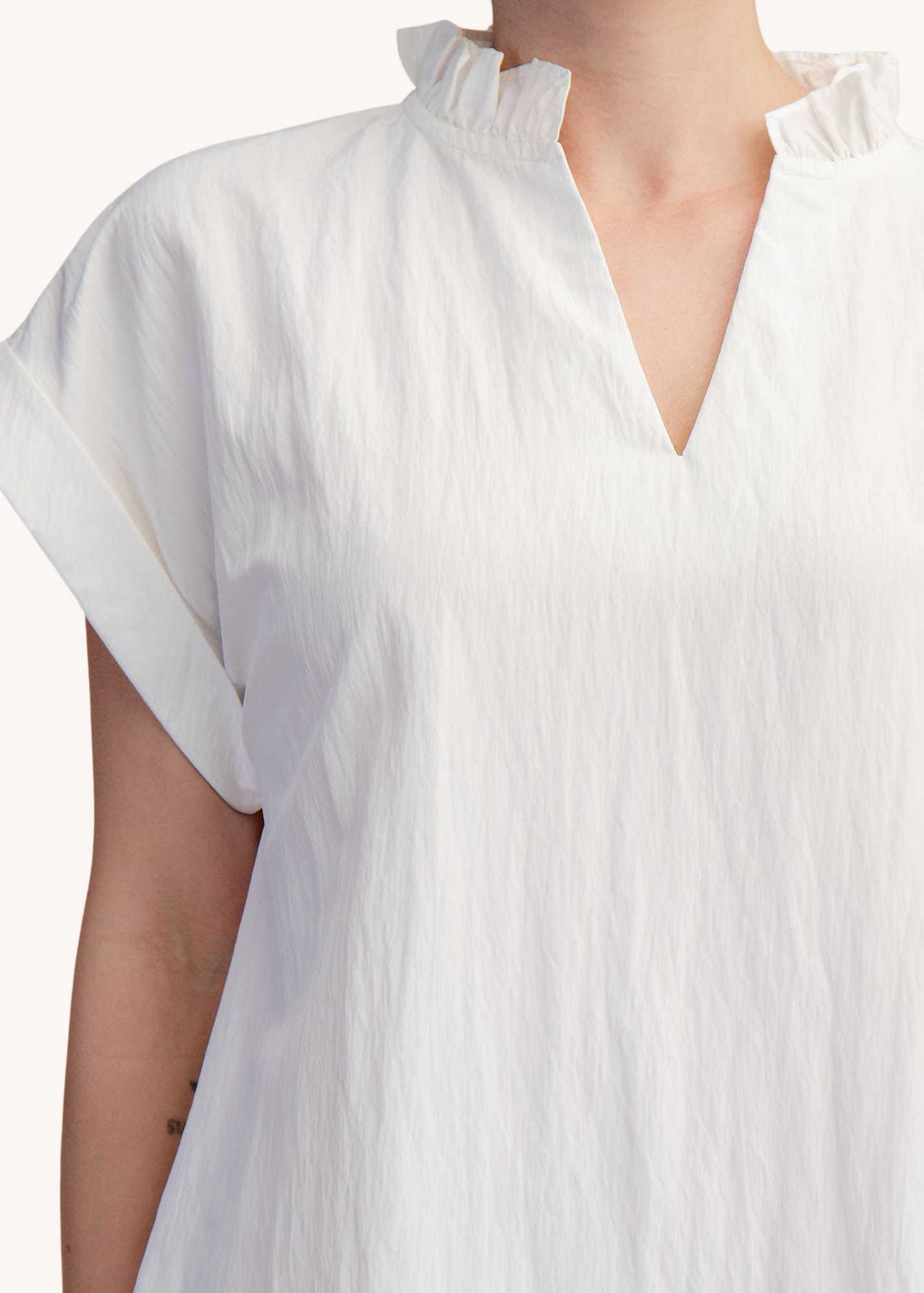 Ruffle Neck Relaxed Midi Dress in White