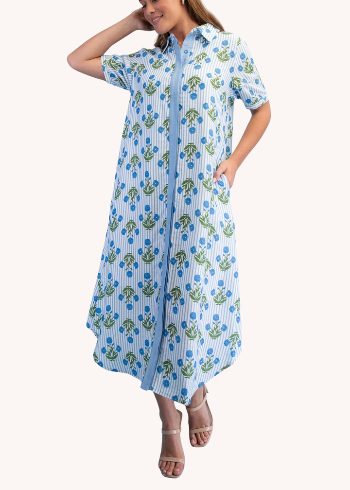 Madeline Block Print Midi Dress in Blue
