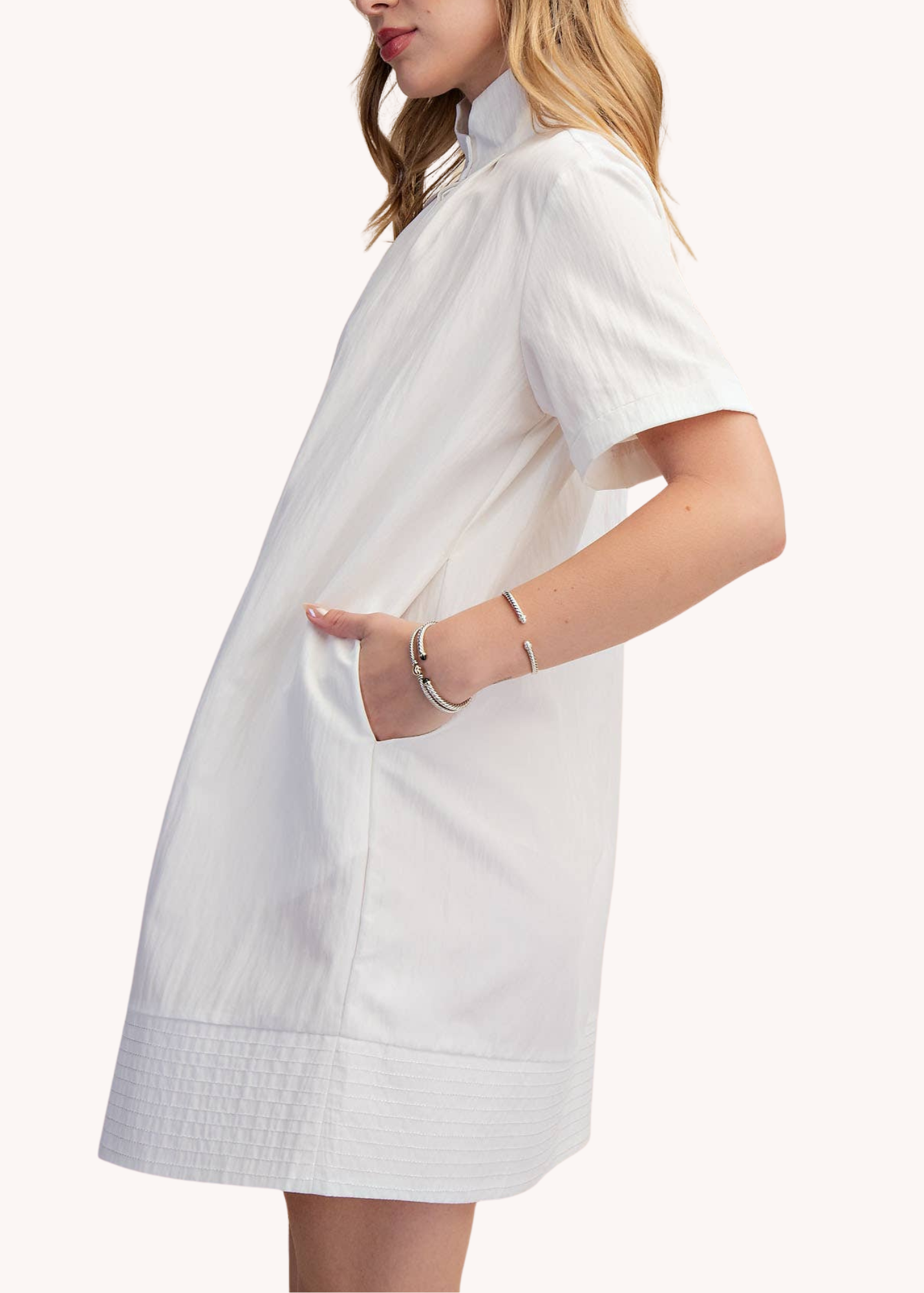 Chloe Stand Collar Mini Shirt Dress in White