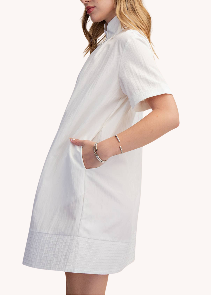 Chloe Stand Collar Mini Shirt Dress in White