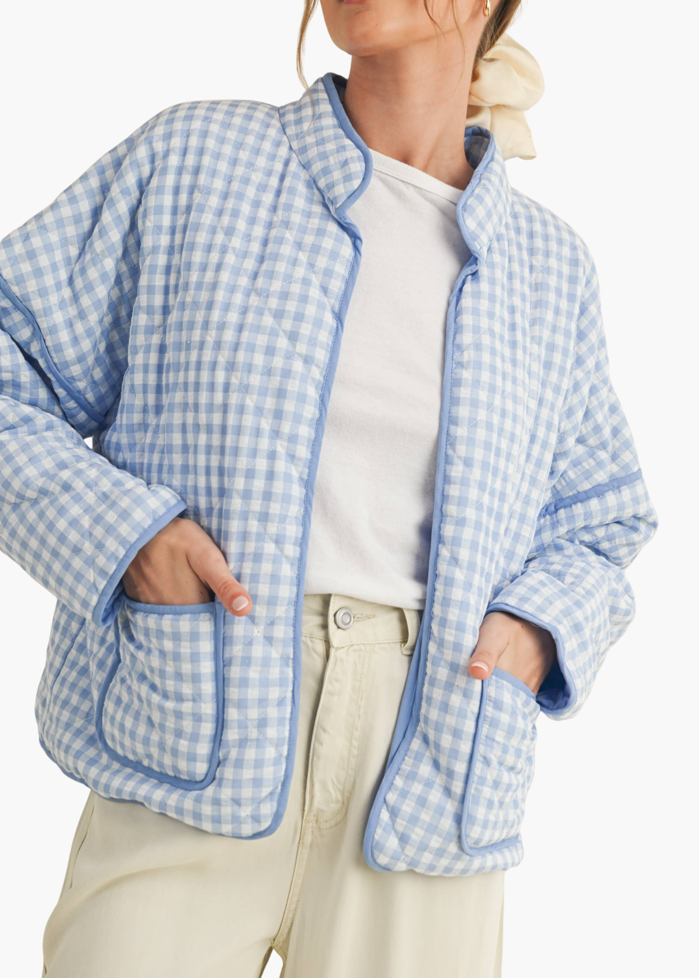 Macy Quilted Plaid Puff Jacket in Sky