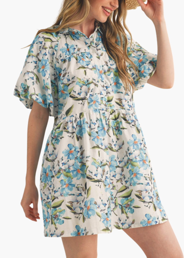 Sawyer Cotton Mini Dress in Blue Floral