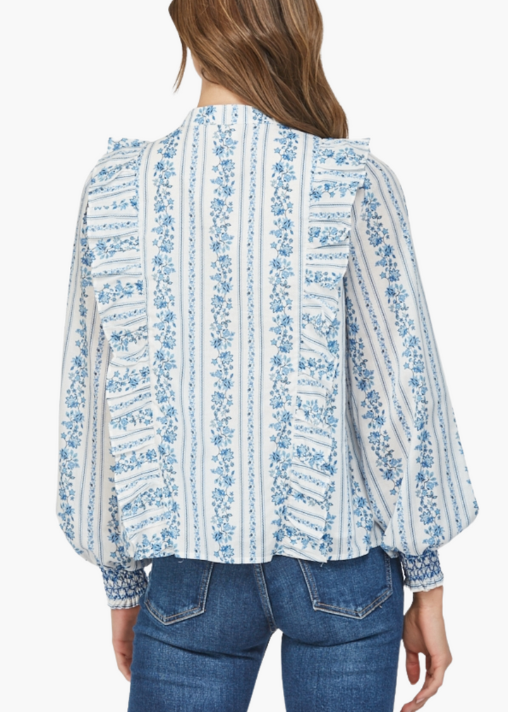 Ruffled Yoke Detail Blouse in White and Blue