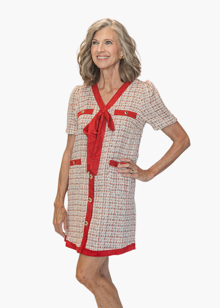 Bow Tweed Mini Dress in Red