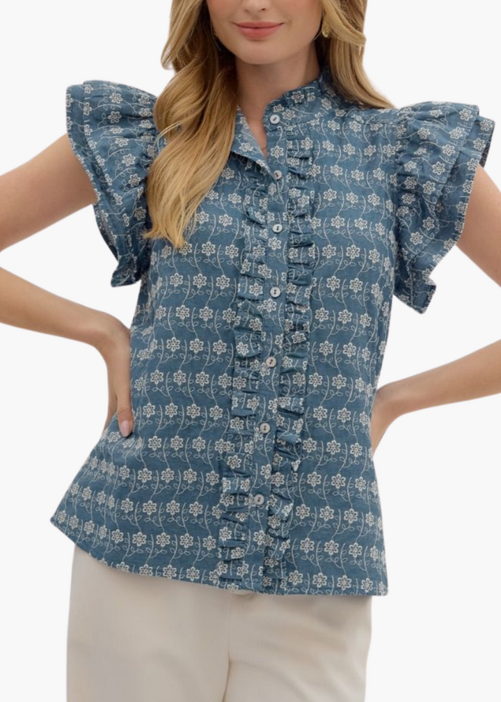 Georgia Top in Embroidered Chambray