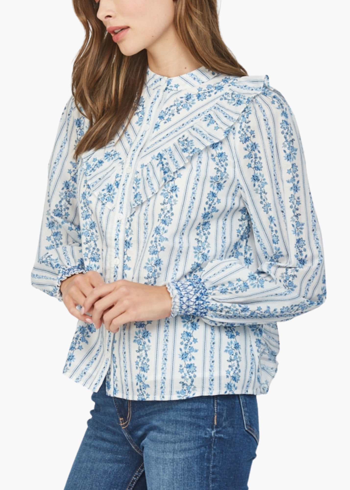 Ruffled Yoke Detail Blouse in White and Blue