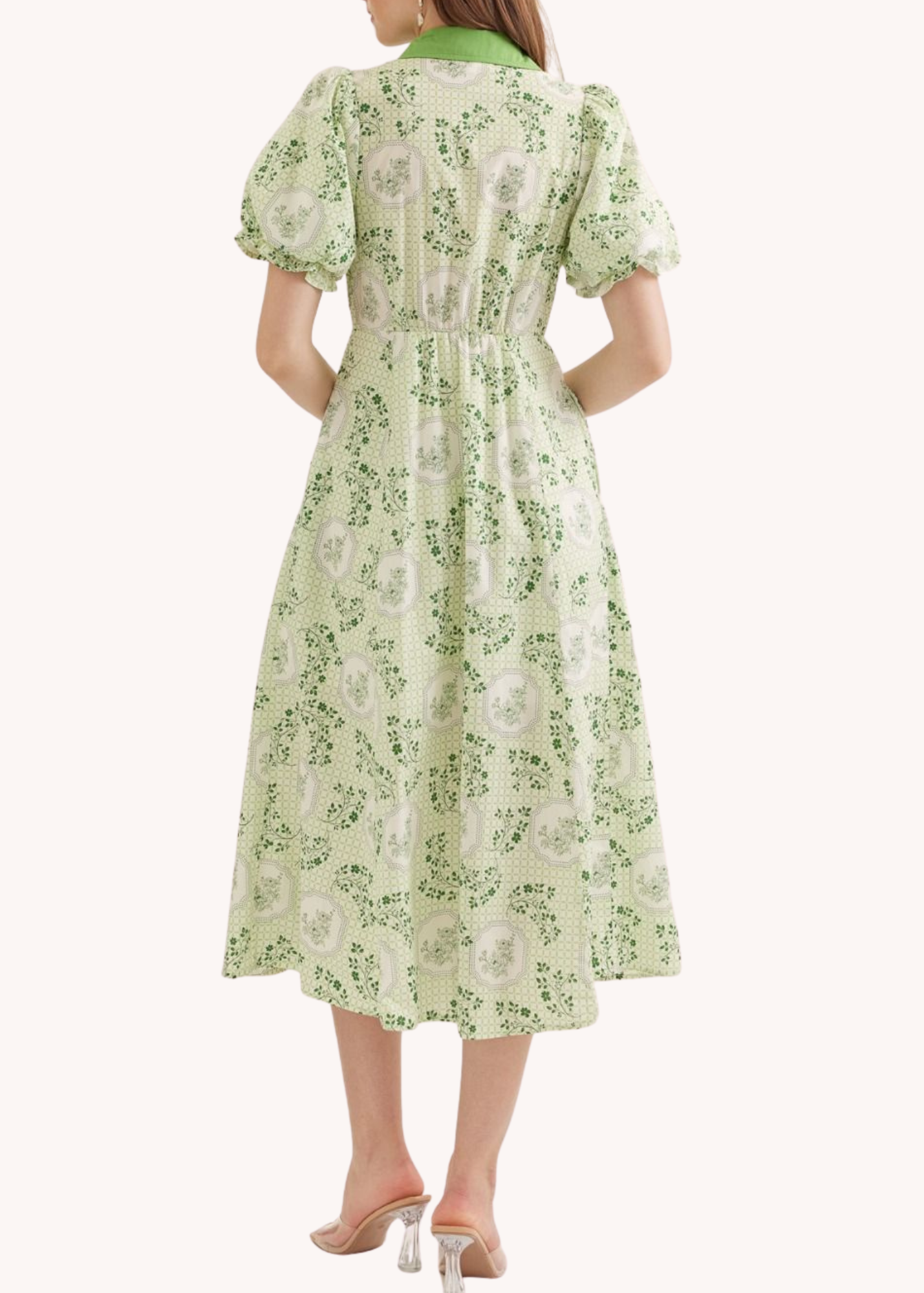 Puff Sleeve Cotton Midi Dress in Green