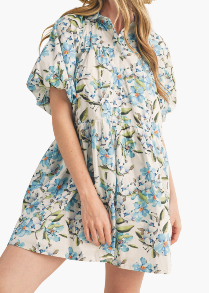 Sawyer Cotton Mini Dress in Blue Floral