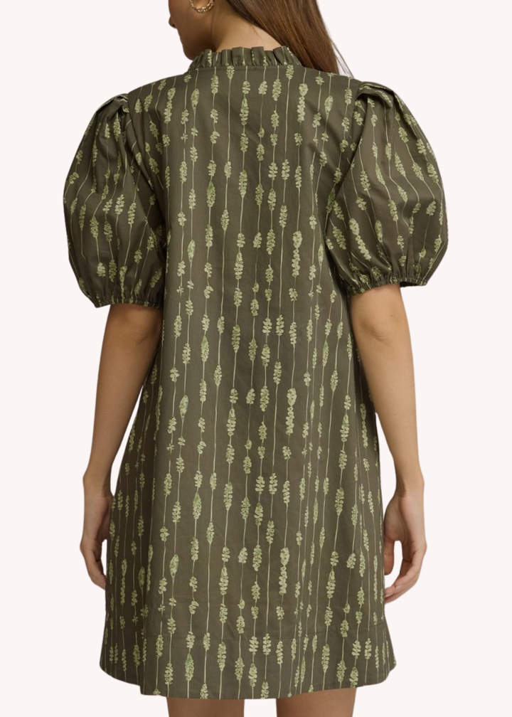 Collins Smocked Cotton Mini Dress in Olive