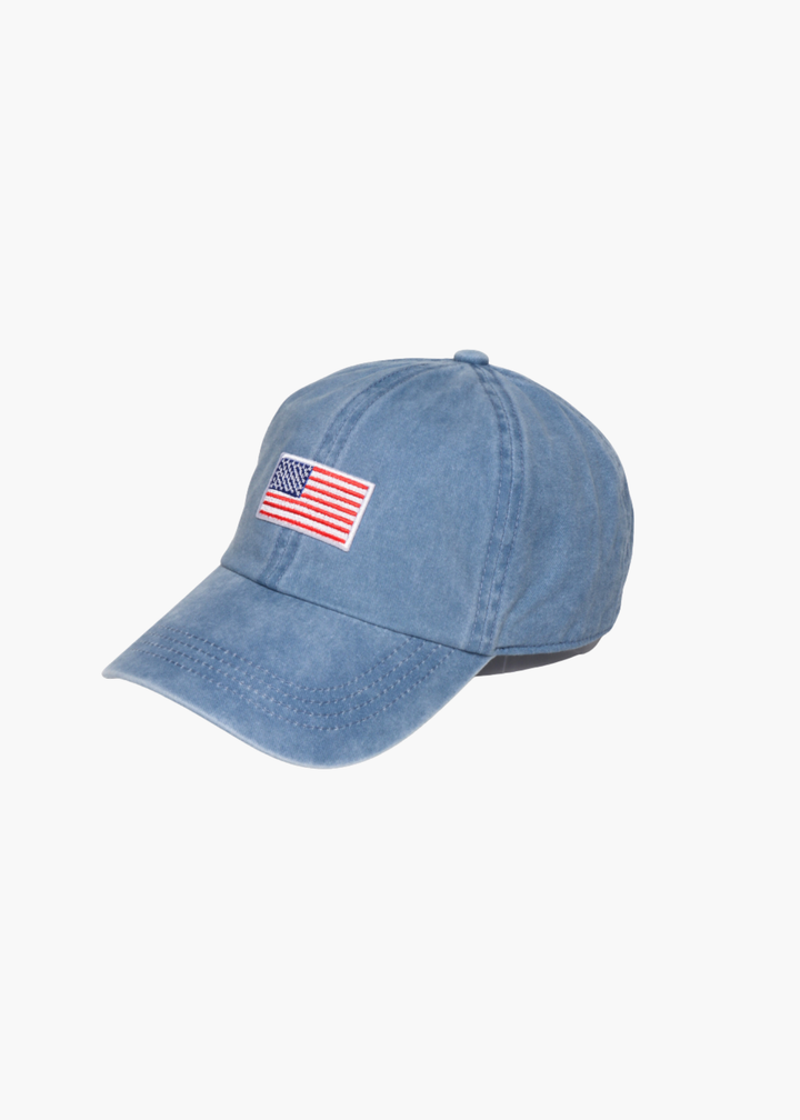 American Flag Embroidered Baseball Cap in Denim