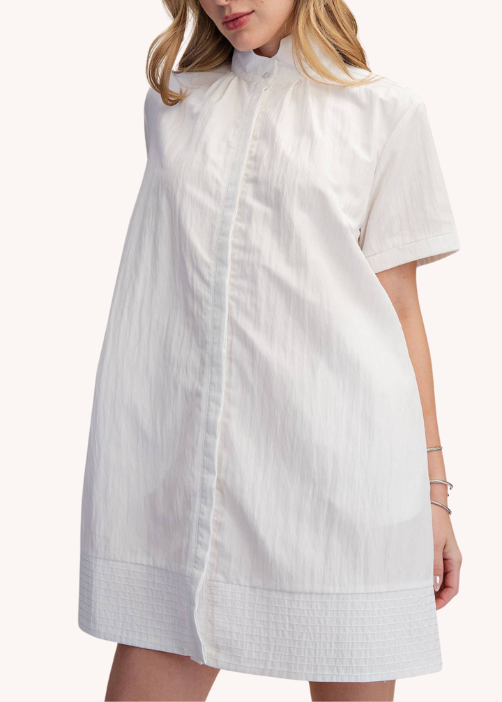 Chloe Stand Collar Mini Shirt Dress in White