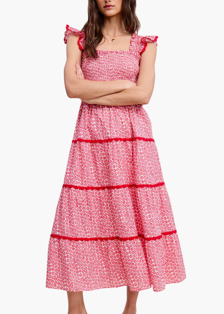 Scarlet Smocked Midi Dress in Pink