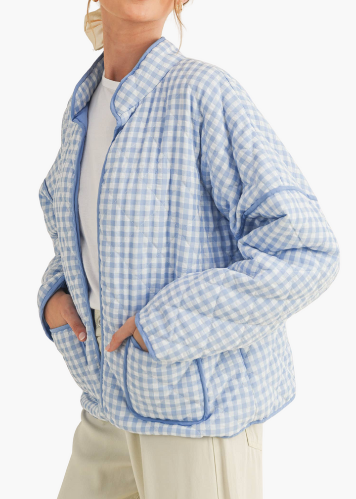 Macy Quilted Plaid Puff Jacket in Sky