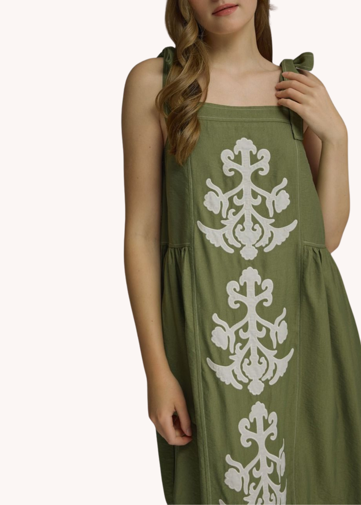 Casie Blockprint Appliqué Dress in Olive