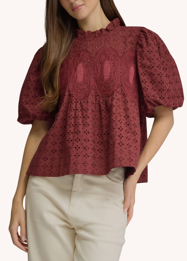 Ophelia Eyelet Top in Burgundy