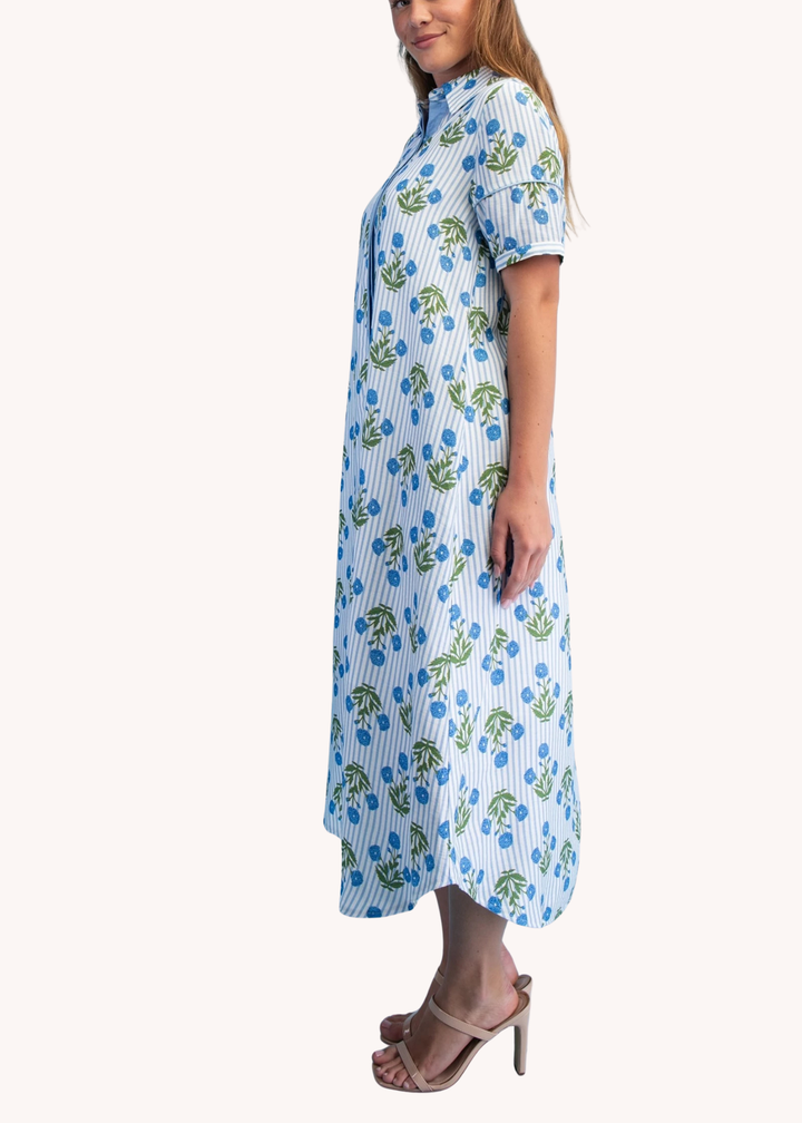 Madeline Block Print Midi Dress in Blue