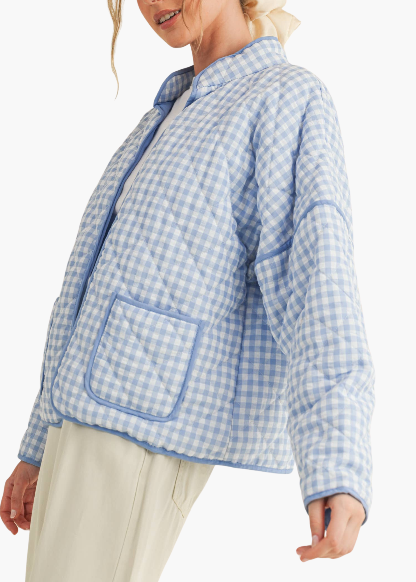 Macy Quilted Plaid Puff Jacket in Sky