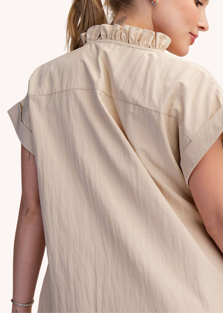 Ruffle Neck Relaxed Midi Dress in Tan