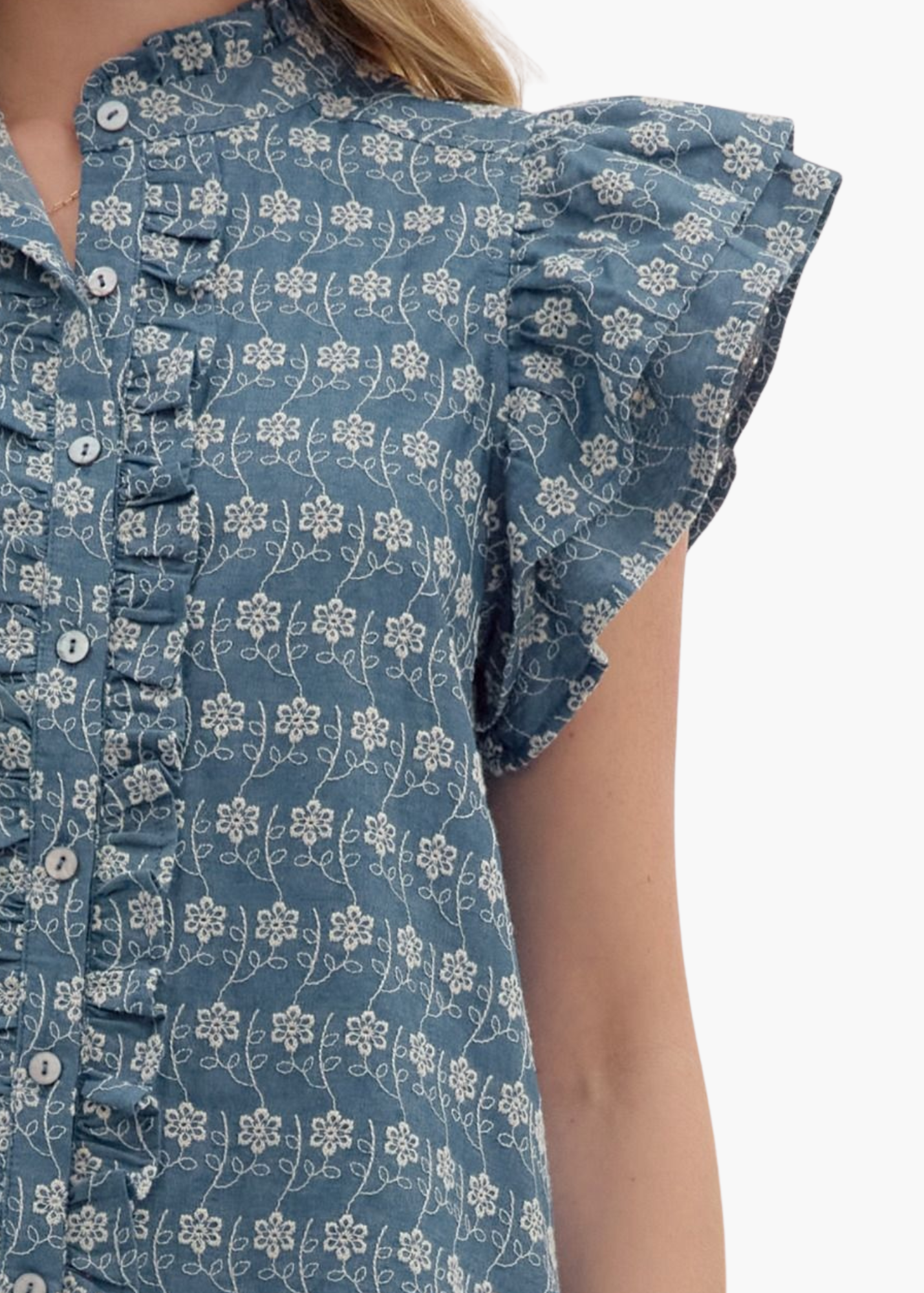 Georgia Top in Embroidered Chambray