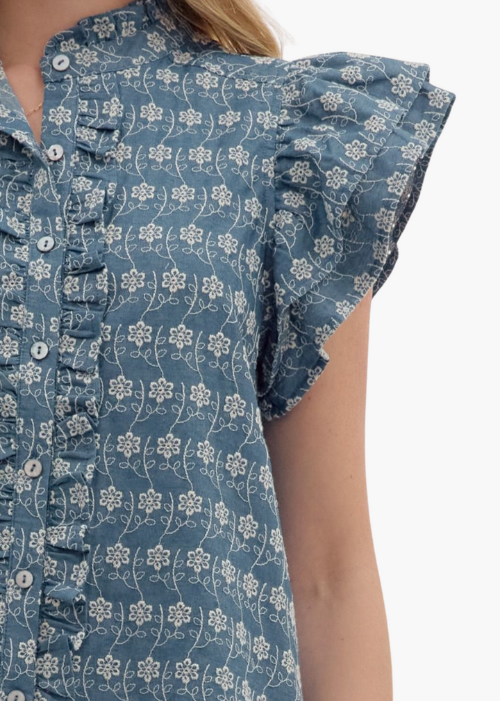 Georgia Top in Embroidered Chambray