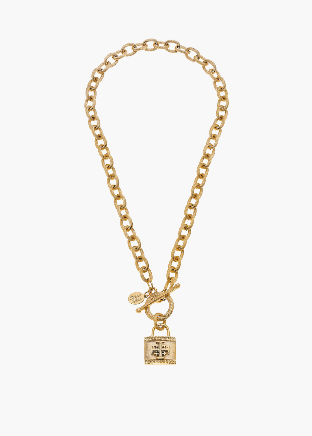 Handcast Gold Jerusalem Cross Lock on Chain Toggle Necklace