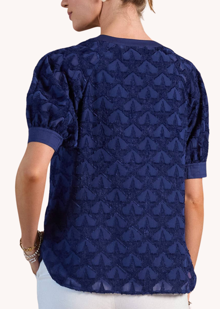 Textured Star Pattern Short Sleeve Blouse in Navy