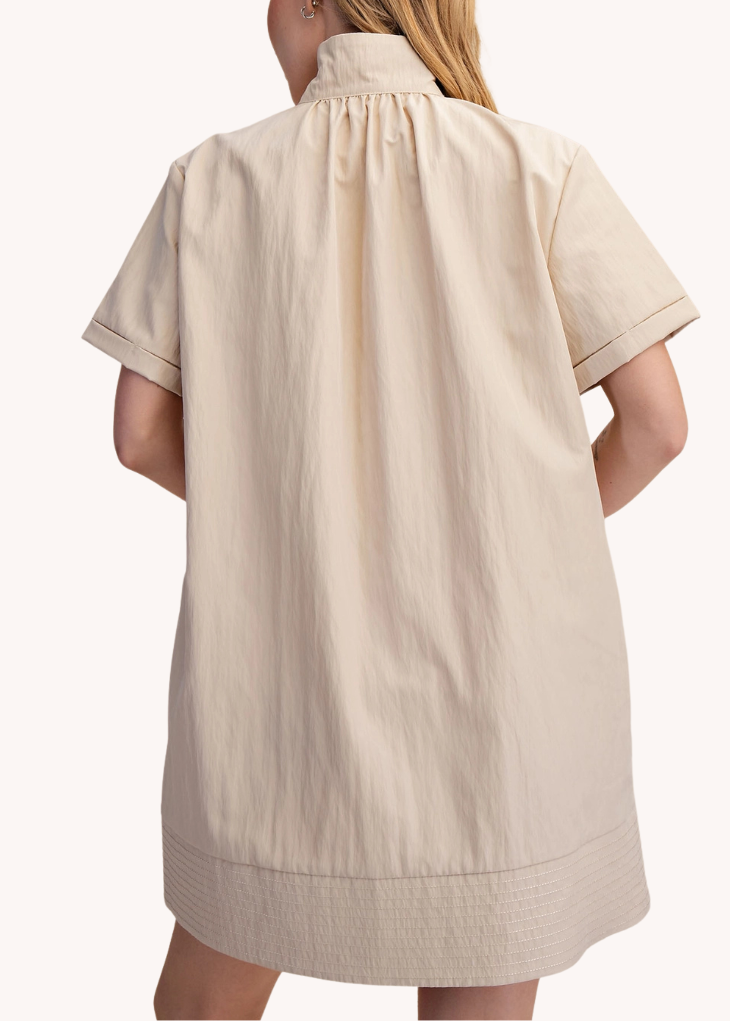Chloe Stand Collar Mini Shirt Dress in Tan