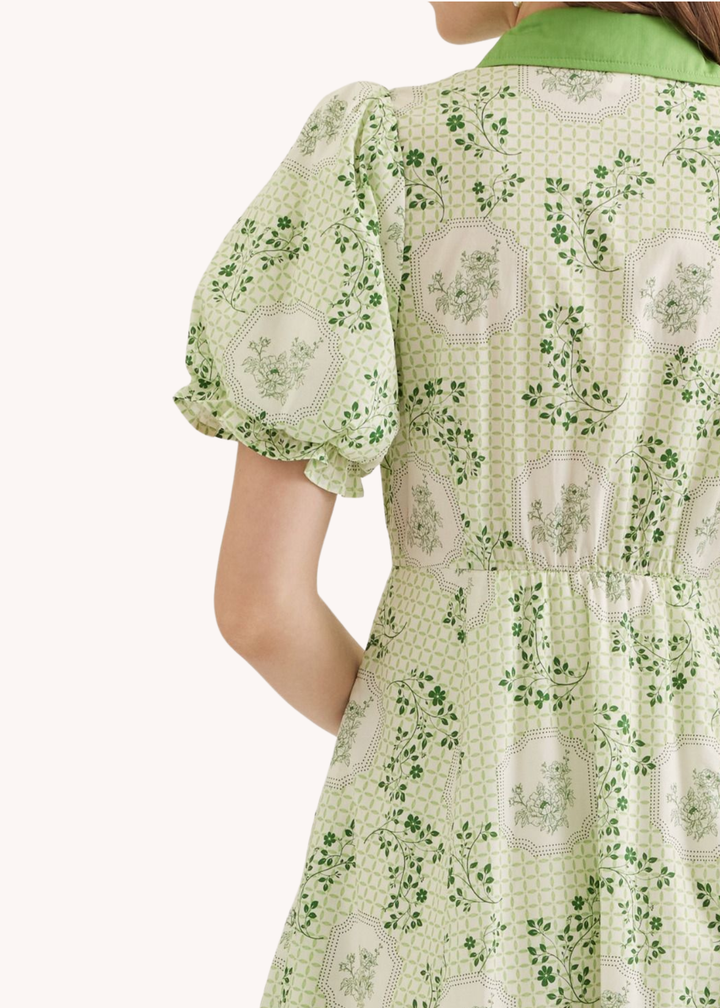 Puff Sleeve Cotton Midi Dress in Green