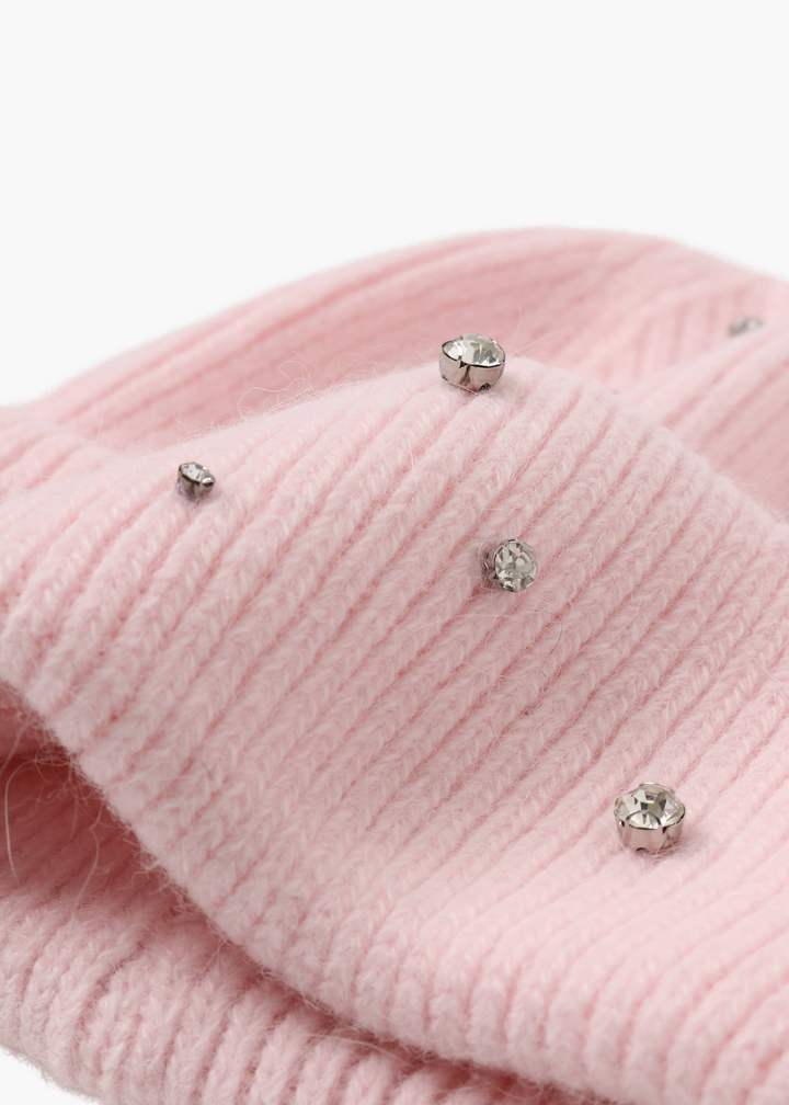 Crystal Embellished Angora Beanie Hat: Pink