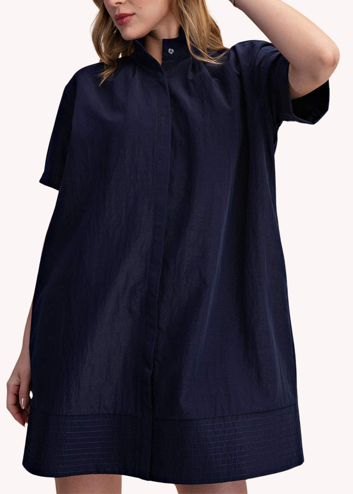 Chloe Stand Collar Mini Shirt Dress in Navy