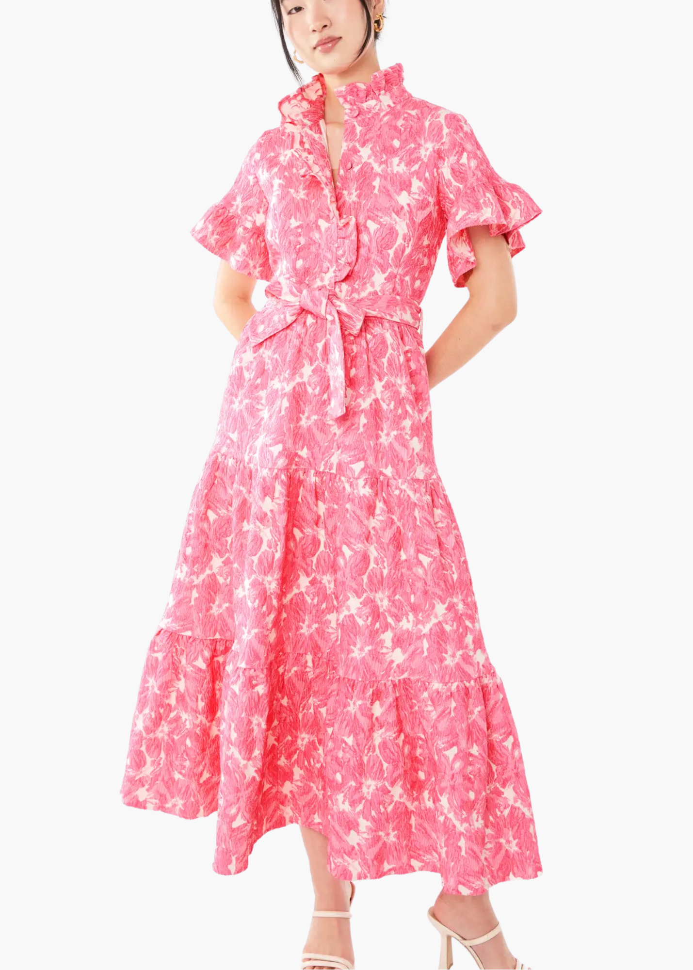 Sadie Maxi Dress in Hot Pink Hibiscus Jacquard