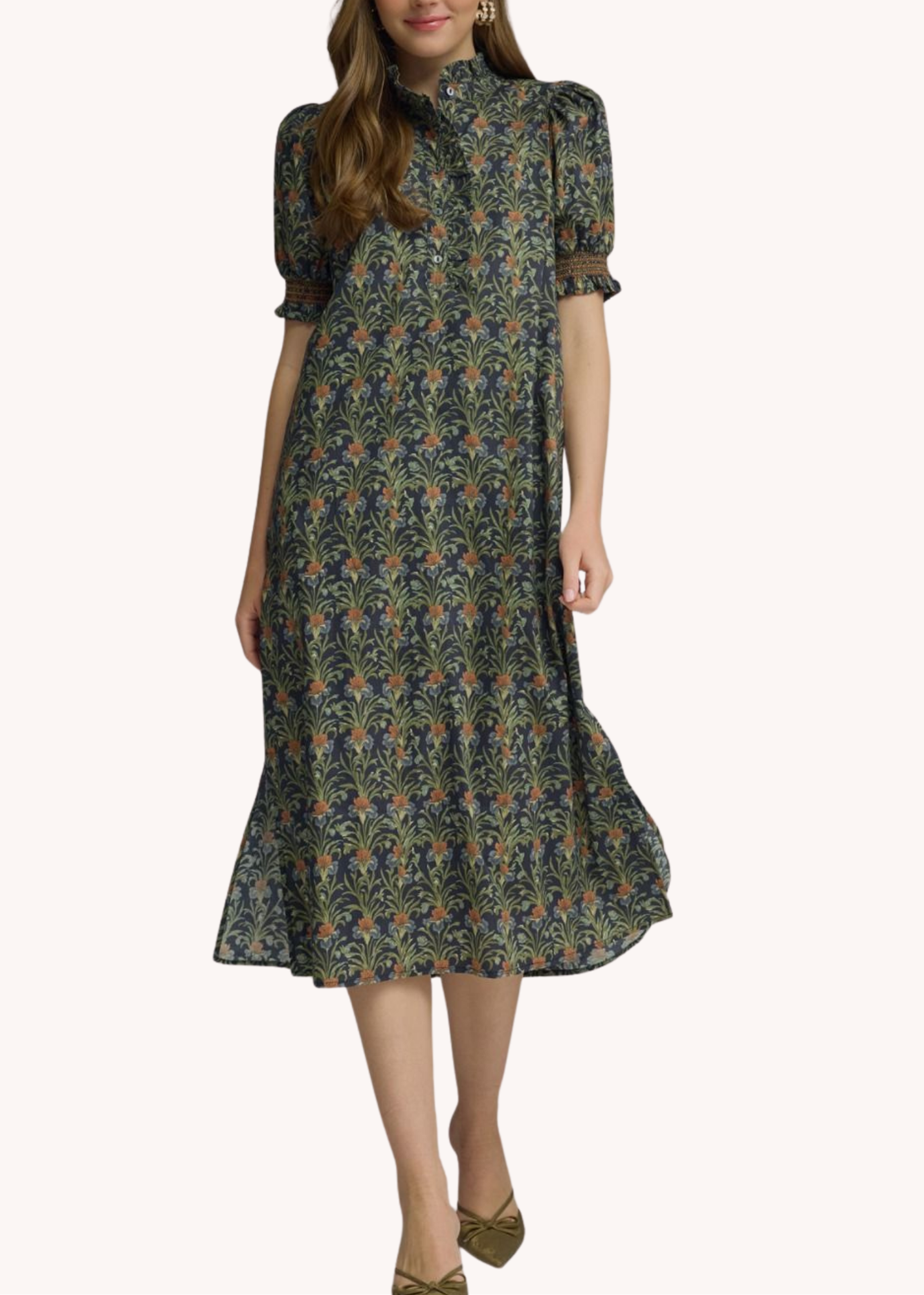 Whitney Cotton Smocked Midi Dress in Navy