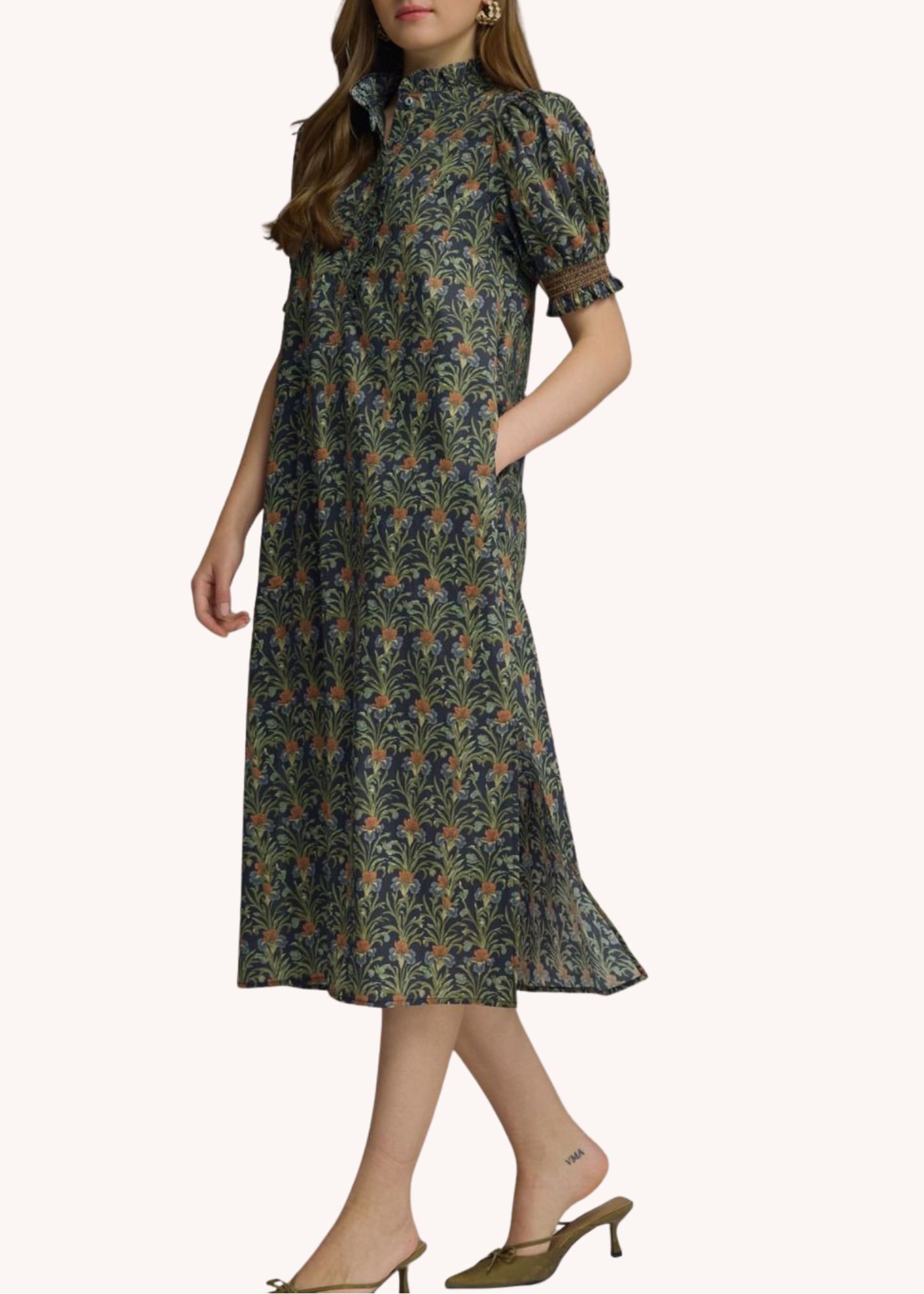 Whitney Cotton Smocked Midi Dress in Navy