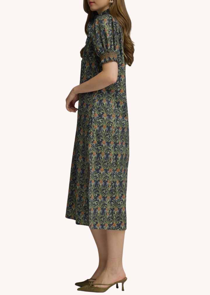 Whitney Cotton Smocked Midi Dress in Navy