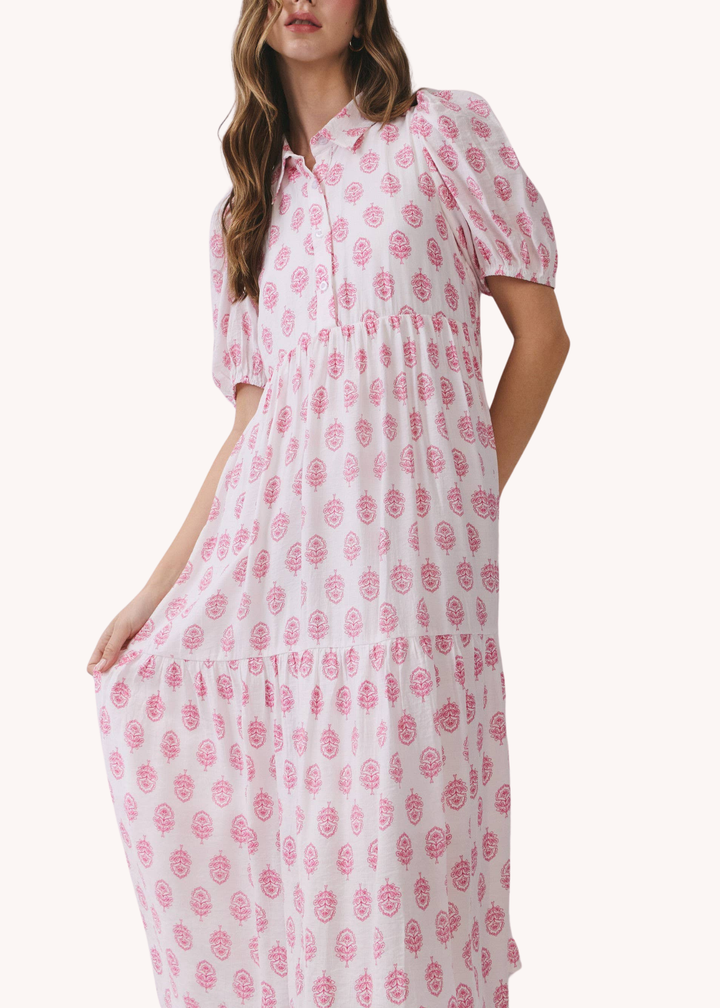 Tiegan Blockprint Tiered Midi Dress
