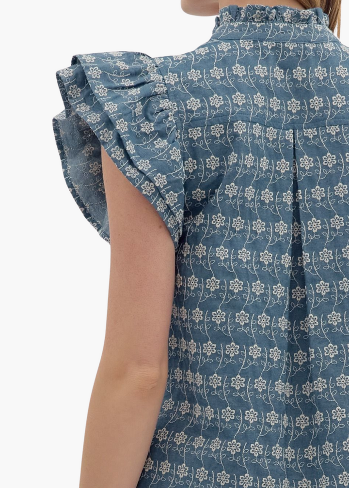Georgia Top in Embroidered Chambray