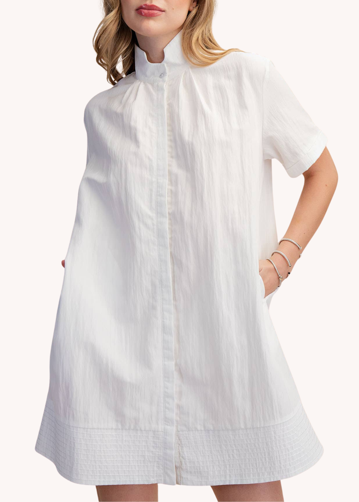 Chloe Stand Collar Mini Shirt Dress in White