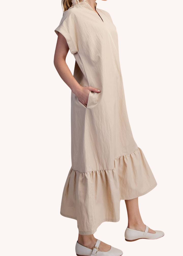 Ruffle Neck Relaxed Midi Dress in Tan