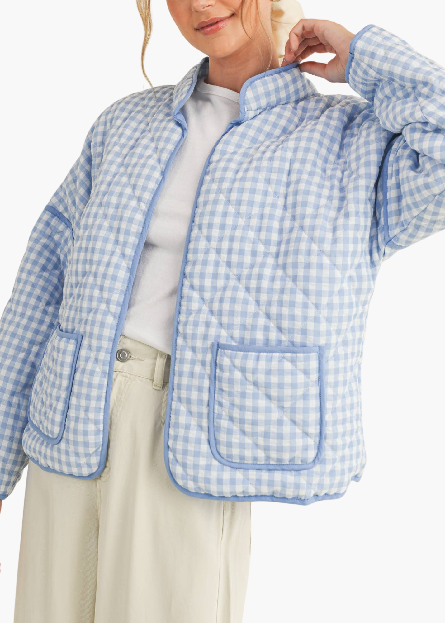 Macy Quilted Plaid Puff Jacket in Sky