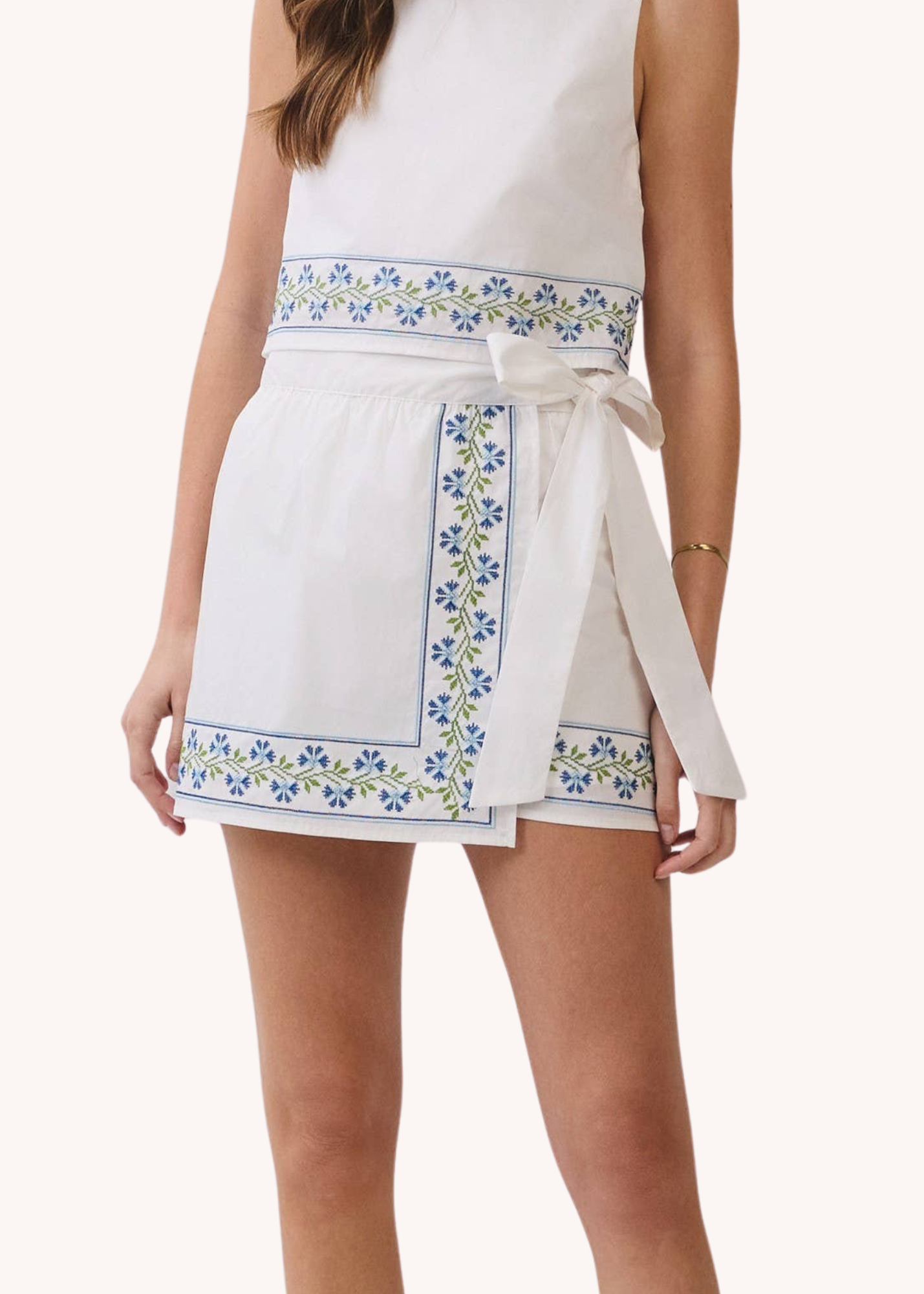 Floral Embroidered Wrap Mini Skirt