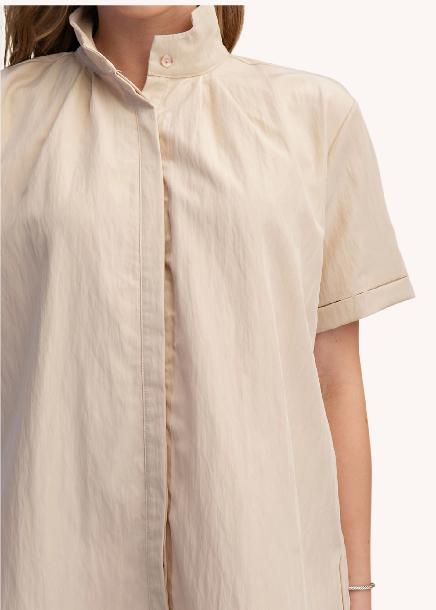Chloe Stand Collar Mini Shirt Dress in Tan