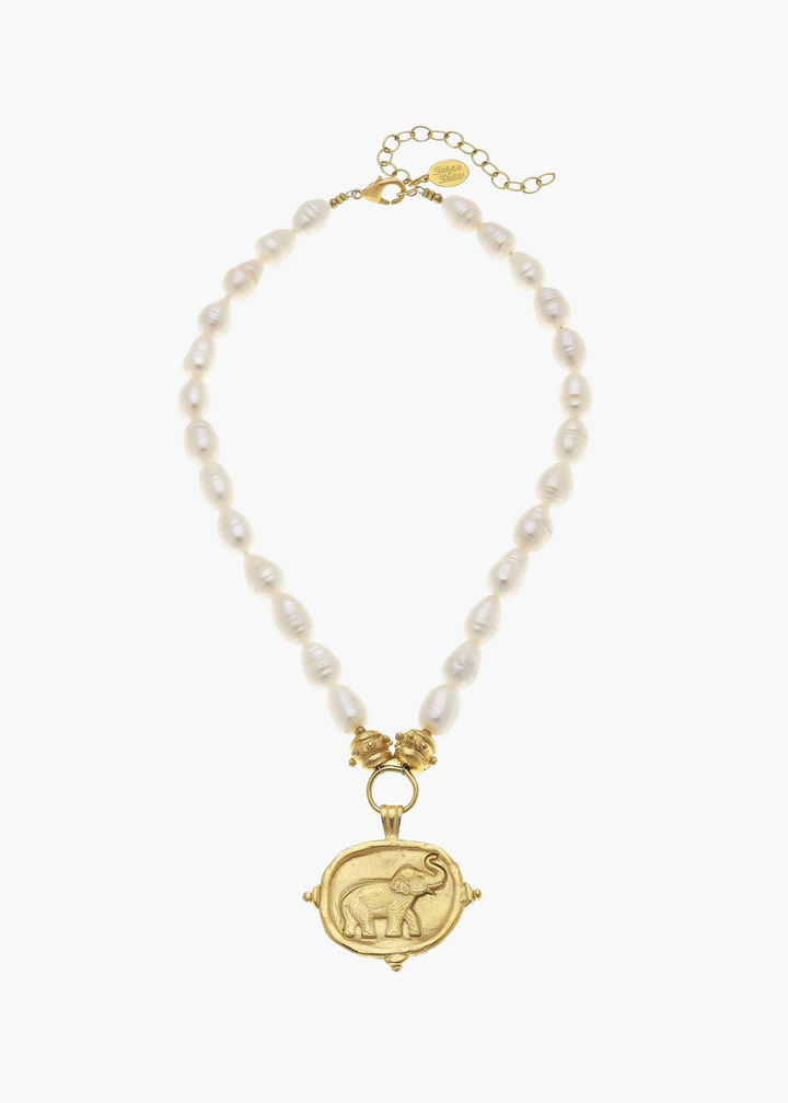 Gold Elephant Intaglio Pearl Necklace
