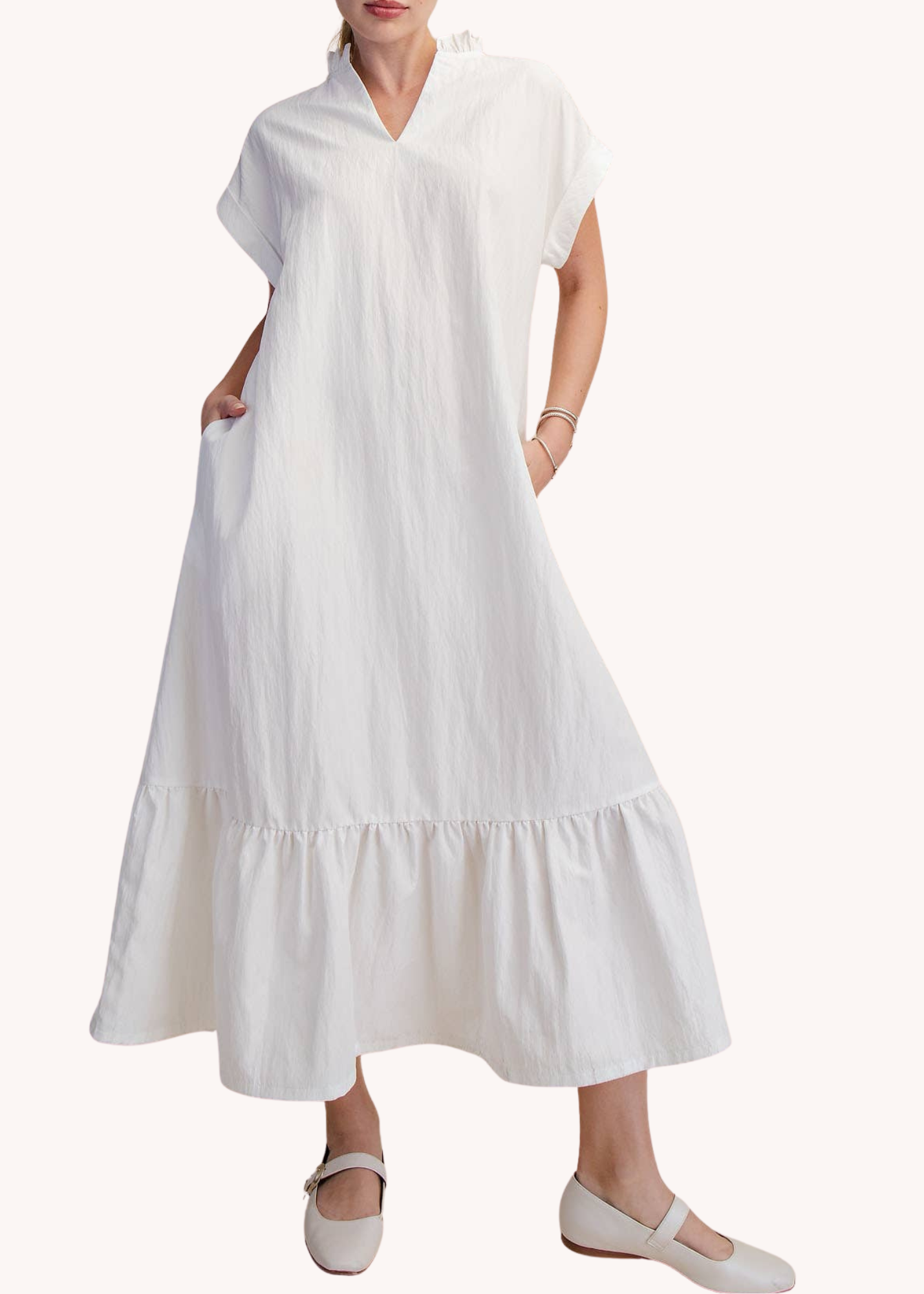 Ruffle Neck Relaxed Midi Dress in White